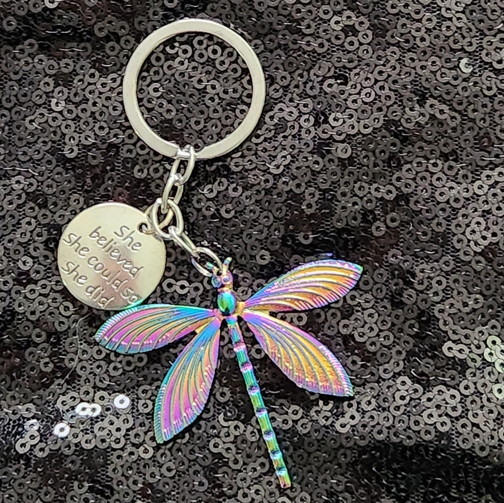 Silvertone and Multicolor Dragonfly Inspirational Saying Keychain